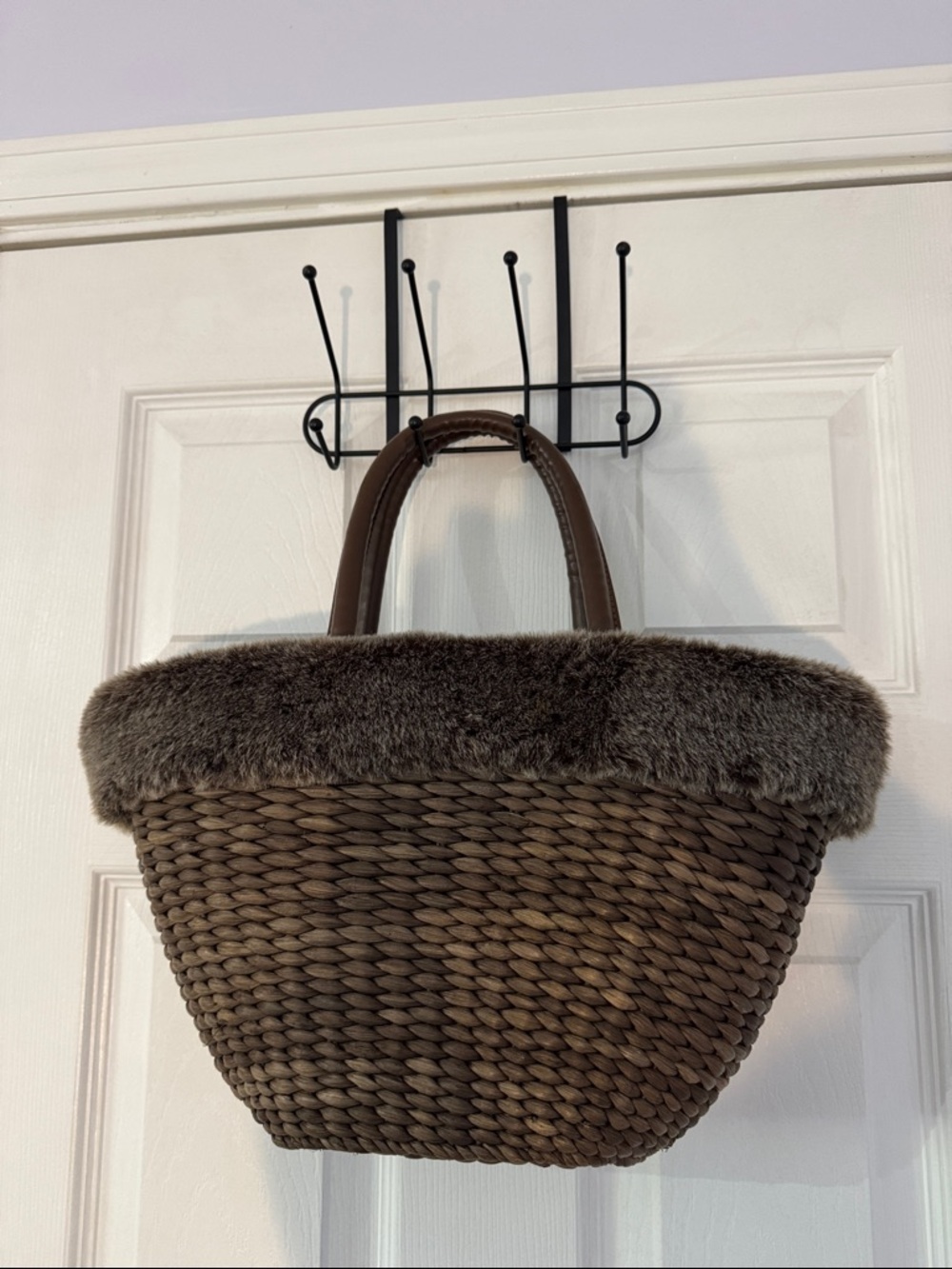 Bath & Body Works Vintage Brown Faux Fur Trim Woven Basket Tote